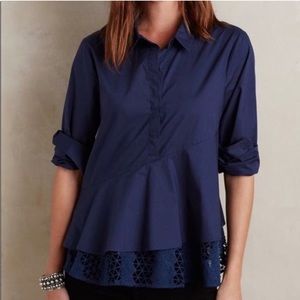 Hd in Paris Navy Blue Crochet Trim Tiered Poplin Top Size XD
